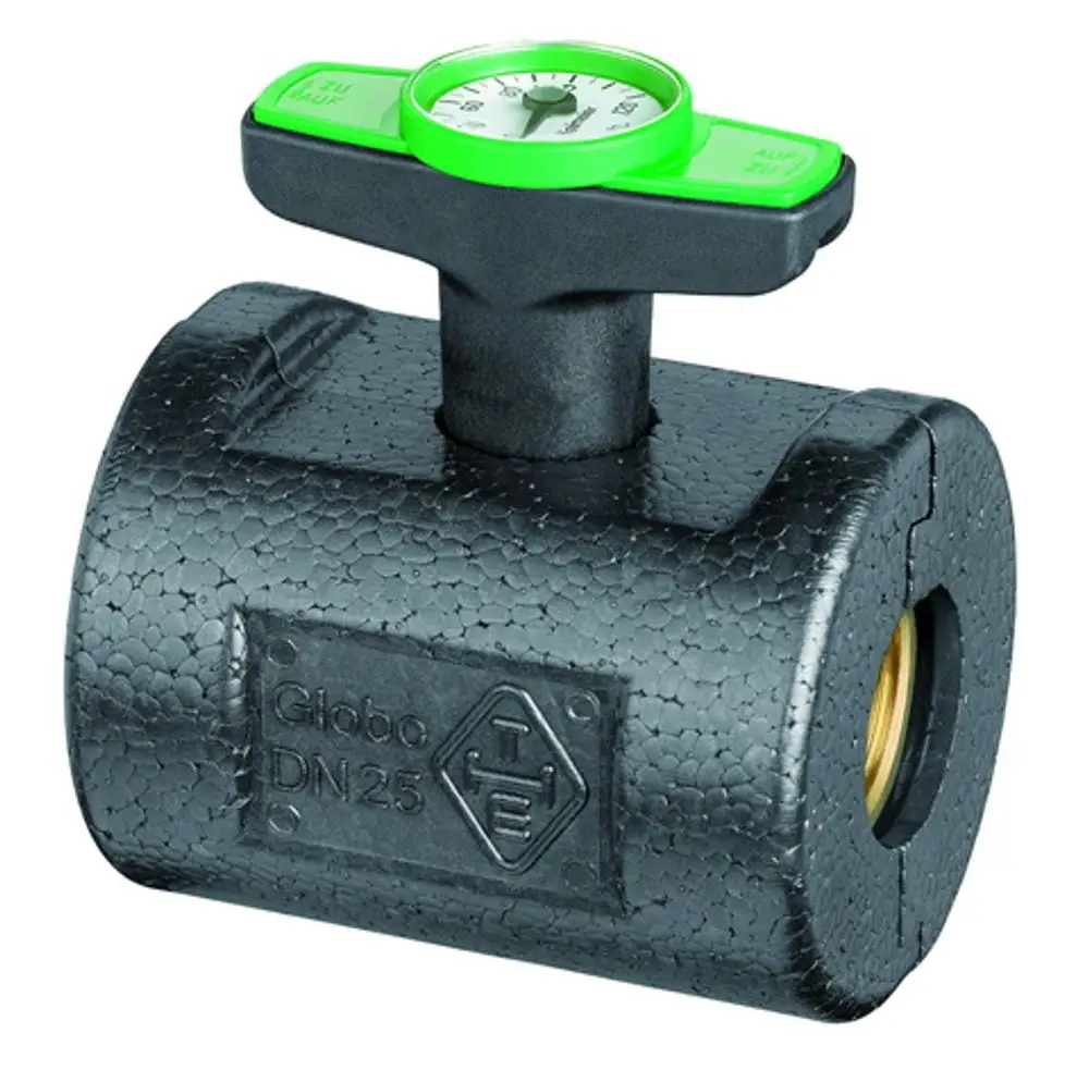 Wärmedämmschale aus schwarzem Material mit integriertem Druckmesser und Anschlüssen, hergestellt von IMI Hydronic Engineering. Ideal für Heizungsinstallationen.